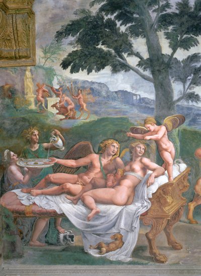 Cupid and Psyche with their daughter Voluptuousness, waited on by Ceres and Juno: (detail) by Giulio Romano